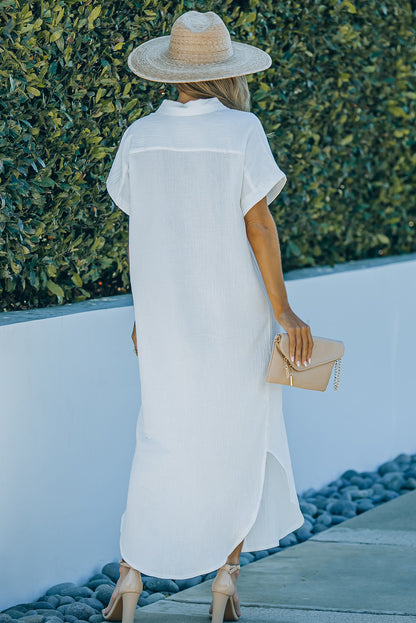 Textured Button Down Slit Shirt Dress