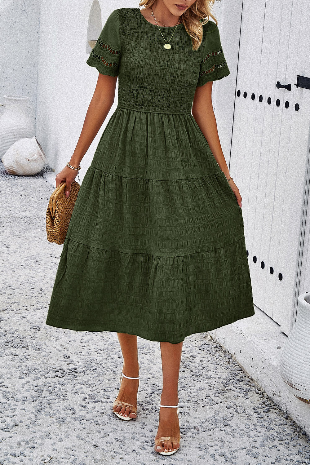 Devine Smocked Round Neck Short Sleeve Midi Dress