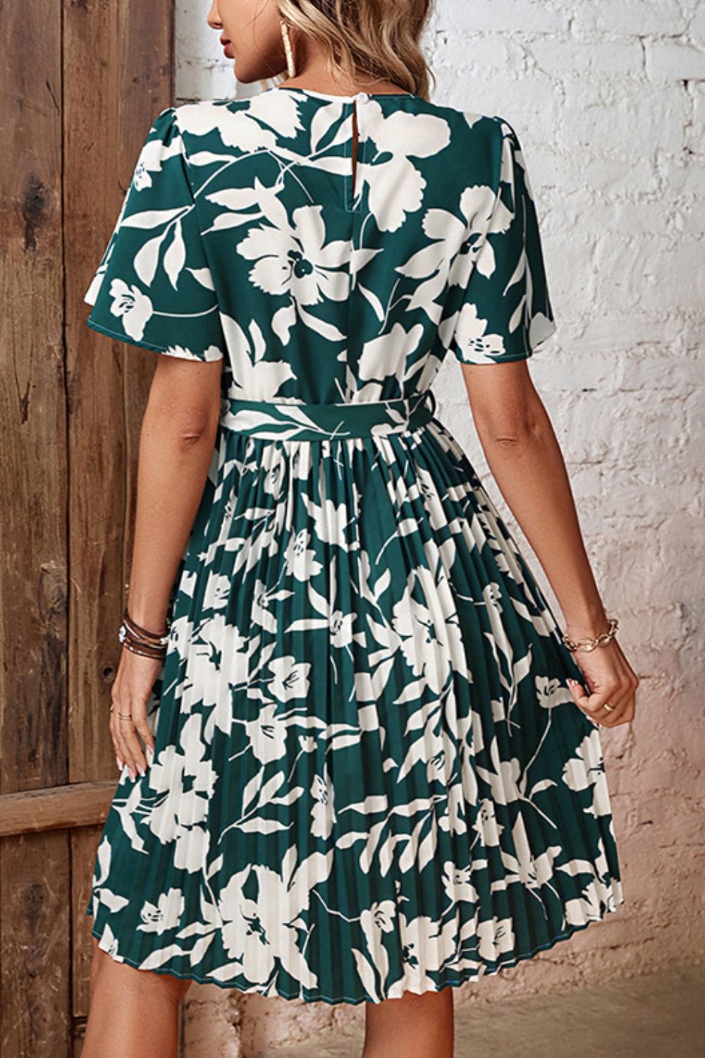 Perfee Floral Round Neck Tie Belt Pleated Dress